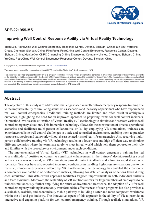 2024年11月 · SPE-221955-MS · Improving well control response ability via virtual reality technology
