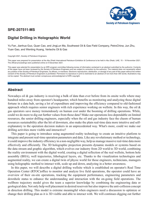 2021年11月 · SPE-207511-MS · Digital drilling in holographic world