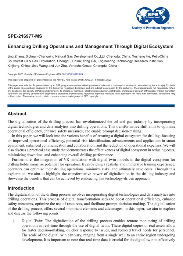 2023年10月 · SPE-216977-MS · Enhancing drilling operations and management through digital ecosystem