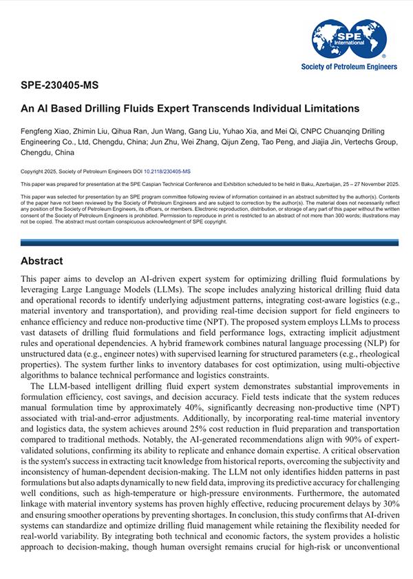 2025年11月 · SPE-230405-MS · An AI Based Drilling Fluids Expert Transcends Individual Limitations