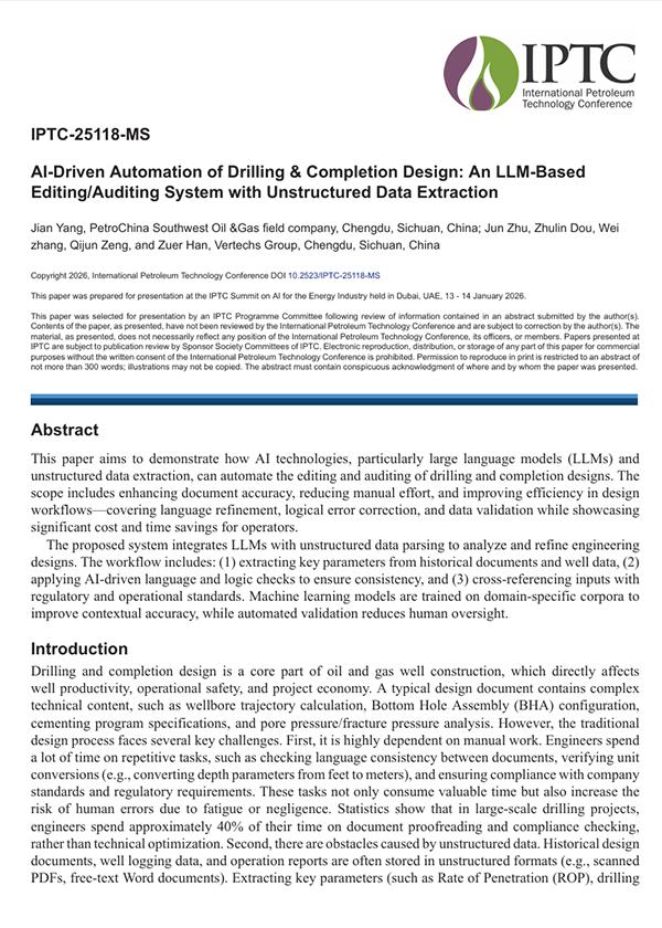 2026年1月 · IPTC-25118-MS · AI-Driven Automation of Drilling & Completion Design An LLM-Based EditingAuditing System with Unstructured Data Extraction